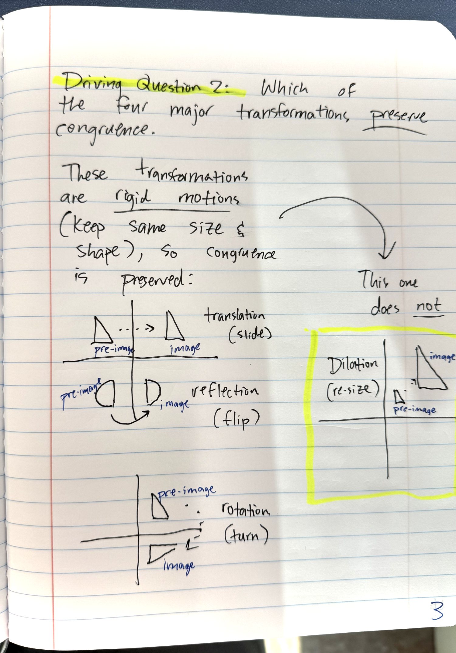 Handwritten notebook page: Driving Question 2 on which transformations preserve congruence, with sketches of a translation, reflection, rotation, and dilation